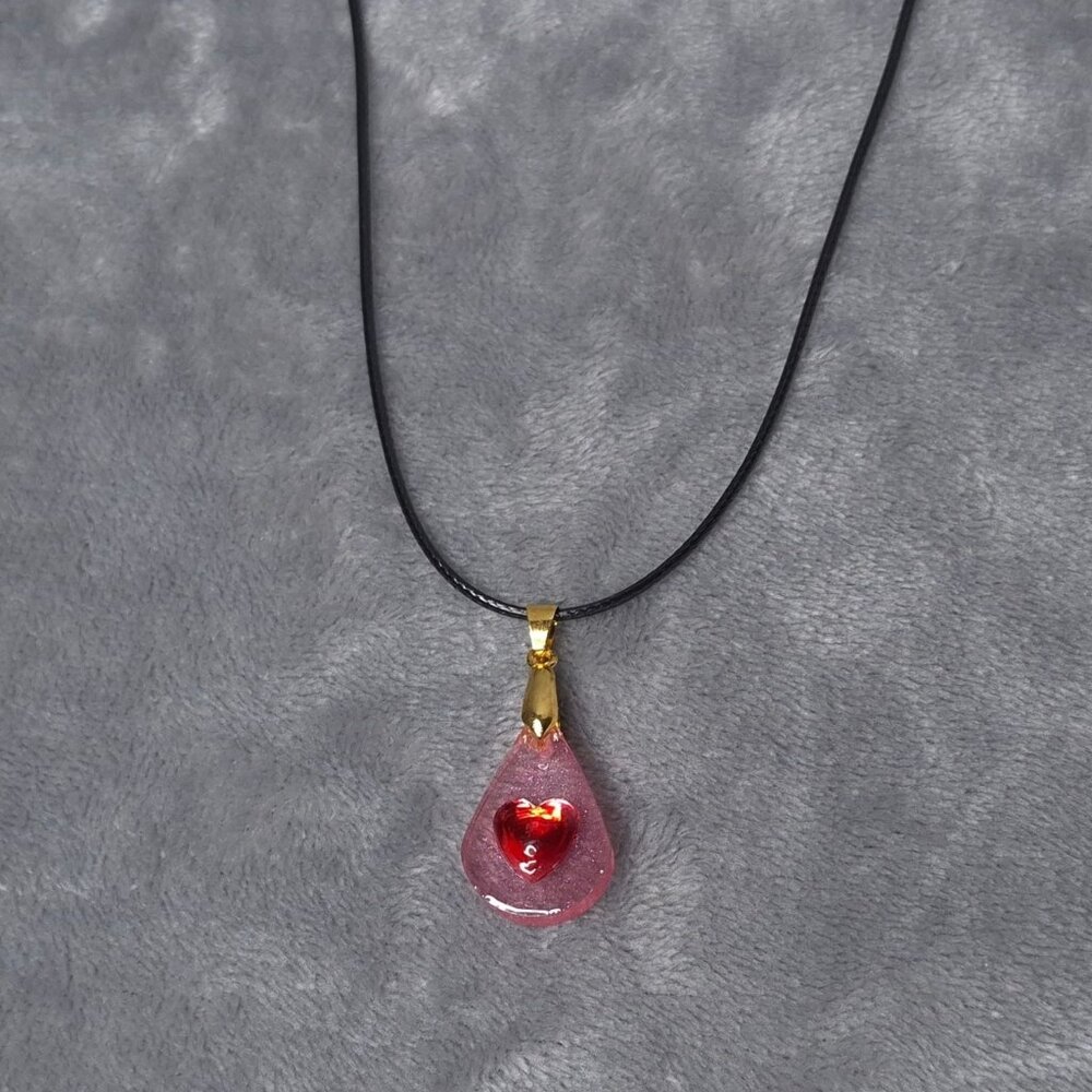 Handmade Pink Heart Teardrop Resin Pendant Necklace 18 in Black Cord Gold Clasp